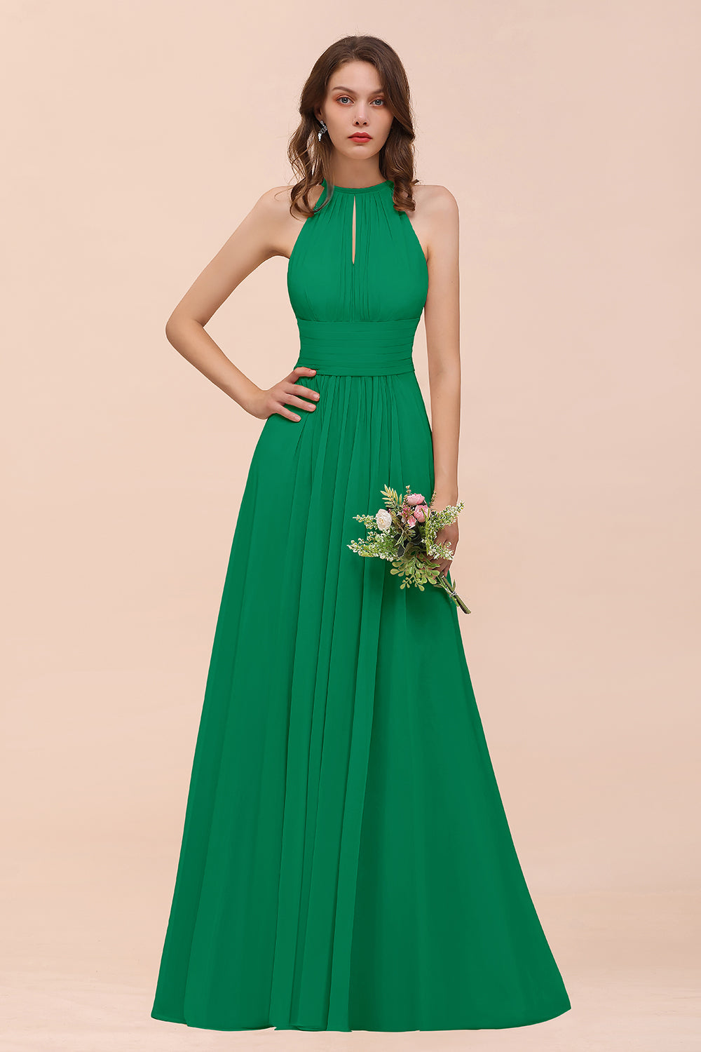 Elegant Chiffon Jewel Ruffle Champagne Affordable Bridesmaid Dress Online-Babyonlines