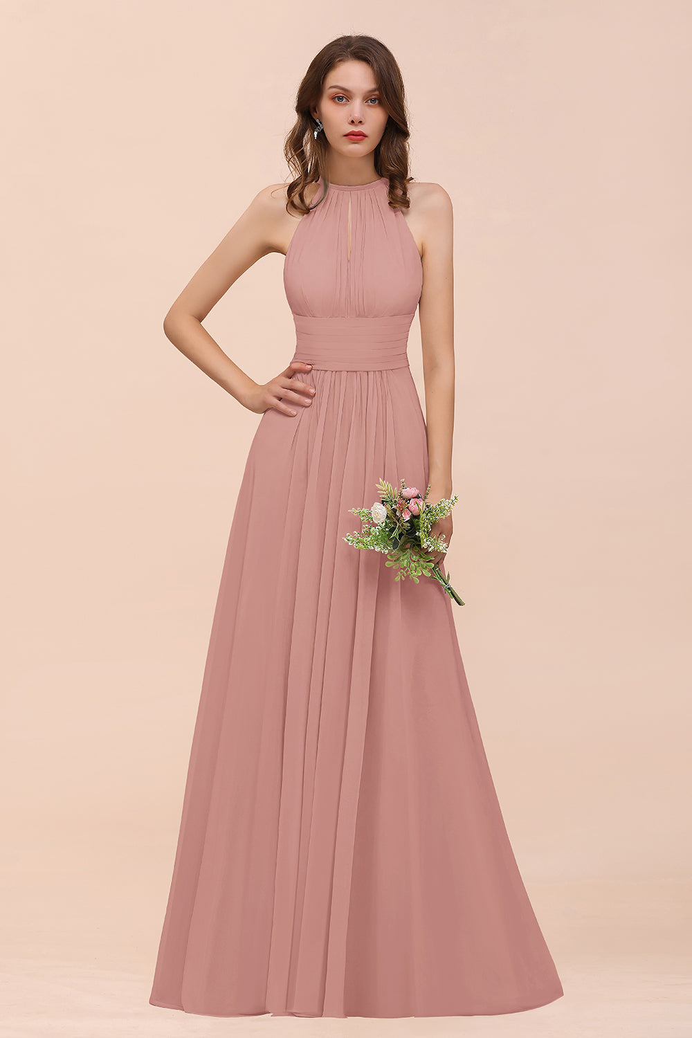 Elegant Chiffon Jewel Ruffle Champagne Affordable Bridesmaid Dress Online-Babyonlines