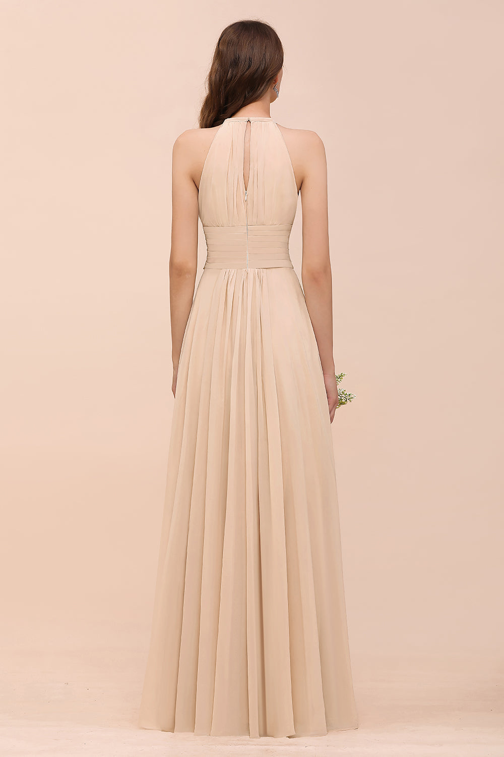 Elegant Chiffon Jewel Ruffle Champagne Affordable Bridesmaid Dress Online-Babyonlines