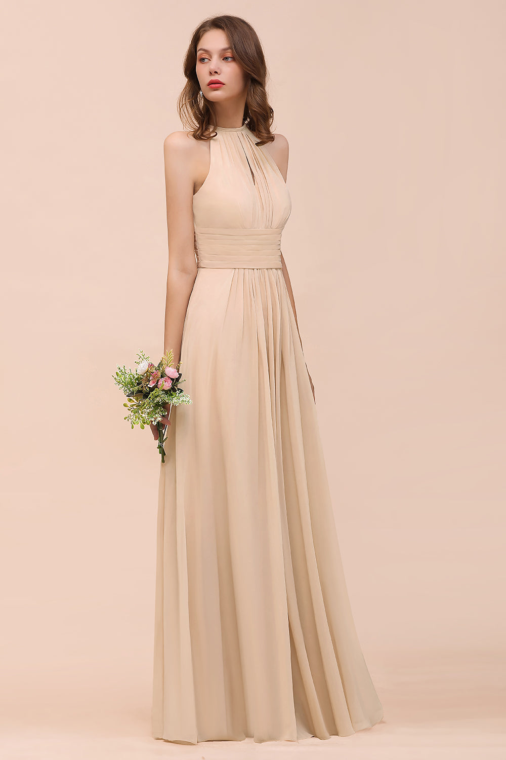 Elegant Chiffon Jewel Ruffle Champagne Affordable Bridesmaid Dress Online-Babyonlines