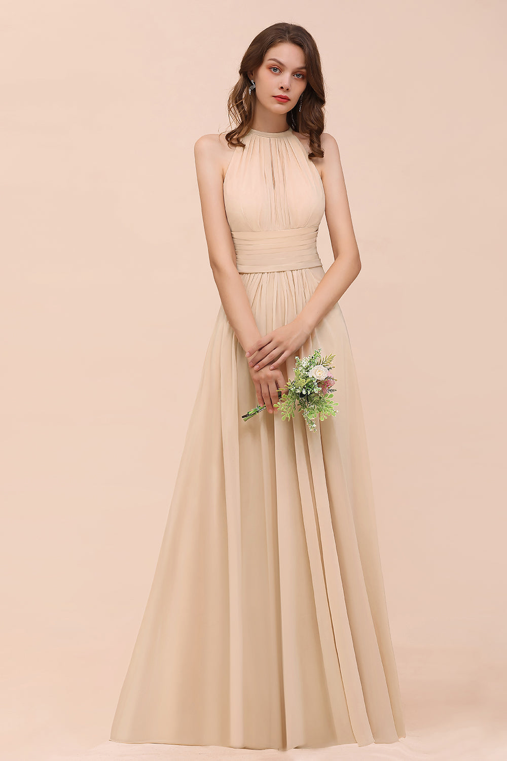 Elegant Chiffon Jewel Ruffle Champagne Affordable Bridesmaid Dress Online-Babyonlines