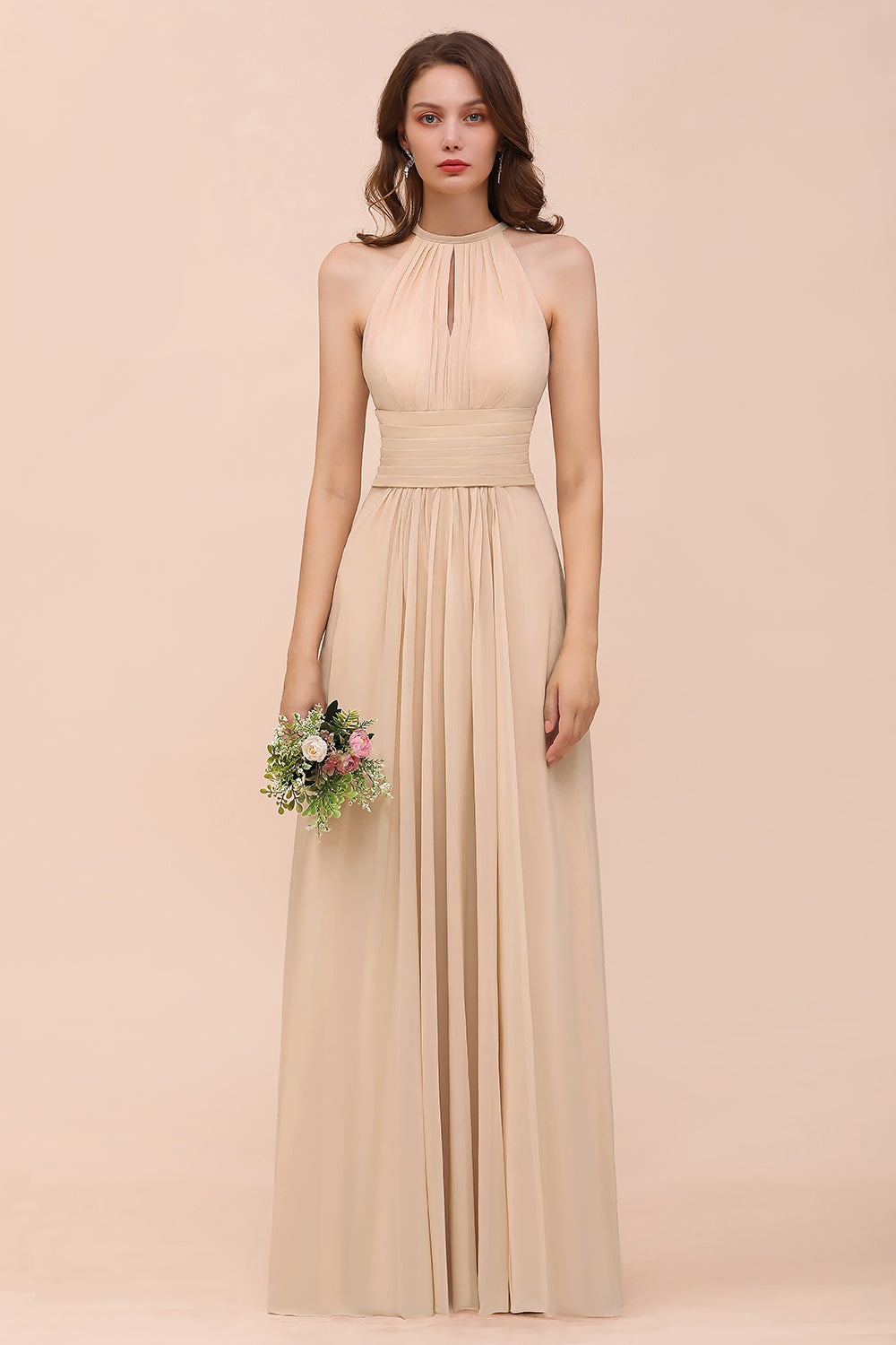 Elegant Chiffon Jewel Ruffle Champagne Affordable Bridesmaid Dress Online-Babyonlines