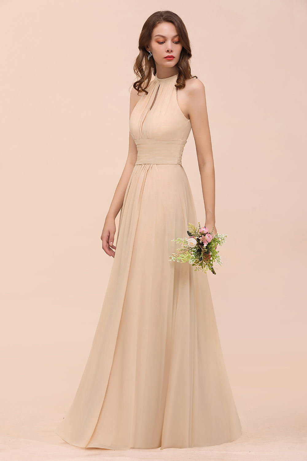 Elegant Chiffon Jewel Ruffle Champagne Affordable Bridesmaid Dress Online-Babyonlines