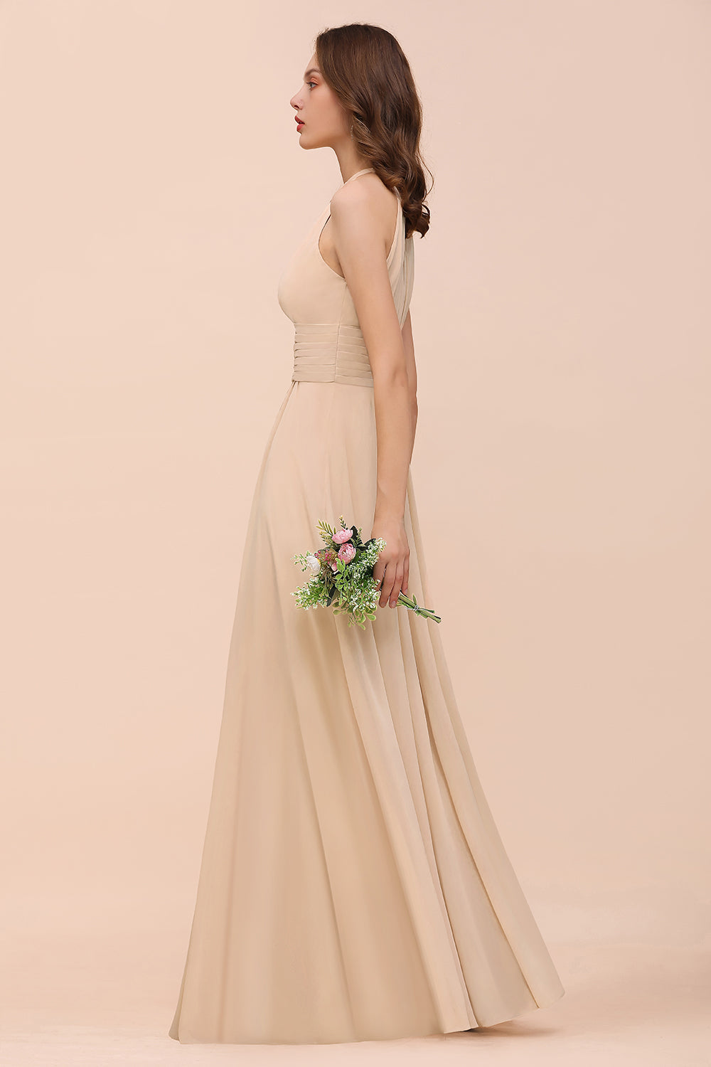 Elegant Chiffon Jewel Ruffle Champagne Affordable Bridesmaid Dress Online-Babyonlines