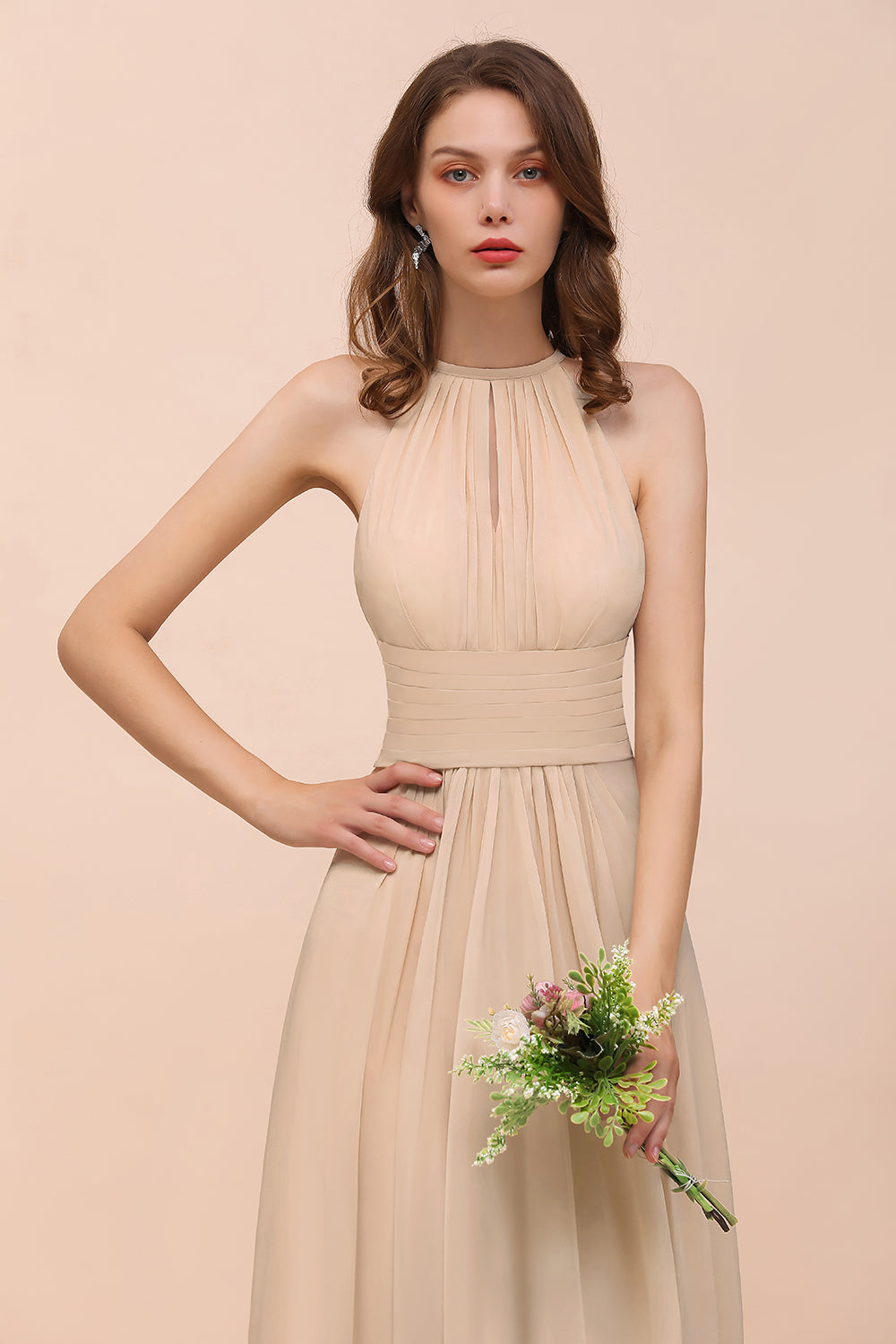 Elegant Chiffon Jewel Ruffle Champagne Affordable Bridesmaid Dress Online-Babyonlines