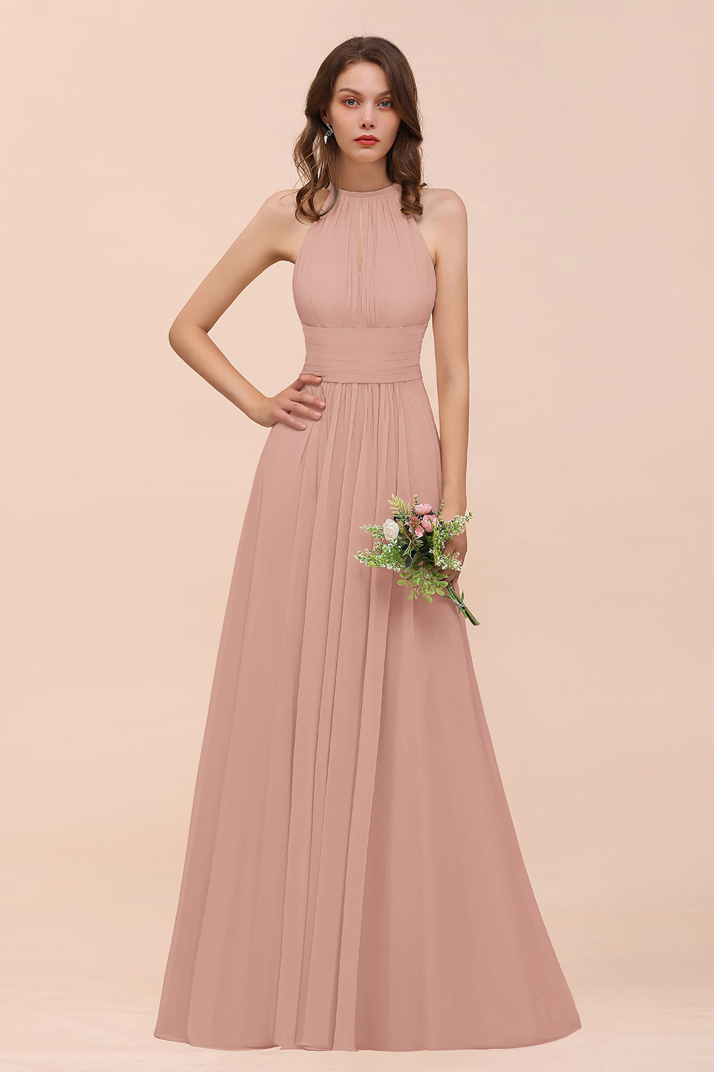 Elegant Chiffon Jewel Ruffle Champagne Affordable Bridesmaid Dress Online-Babyonlines