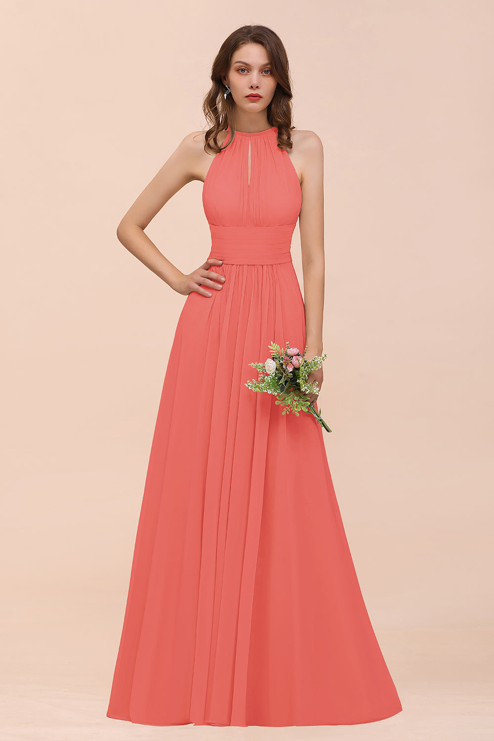 Elegant Chiffon Jewel Ruffle Champagne Affordable Bridesmaid Dress Online-Babyonlines