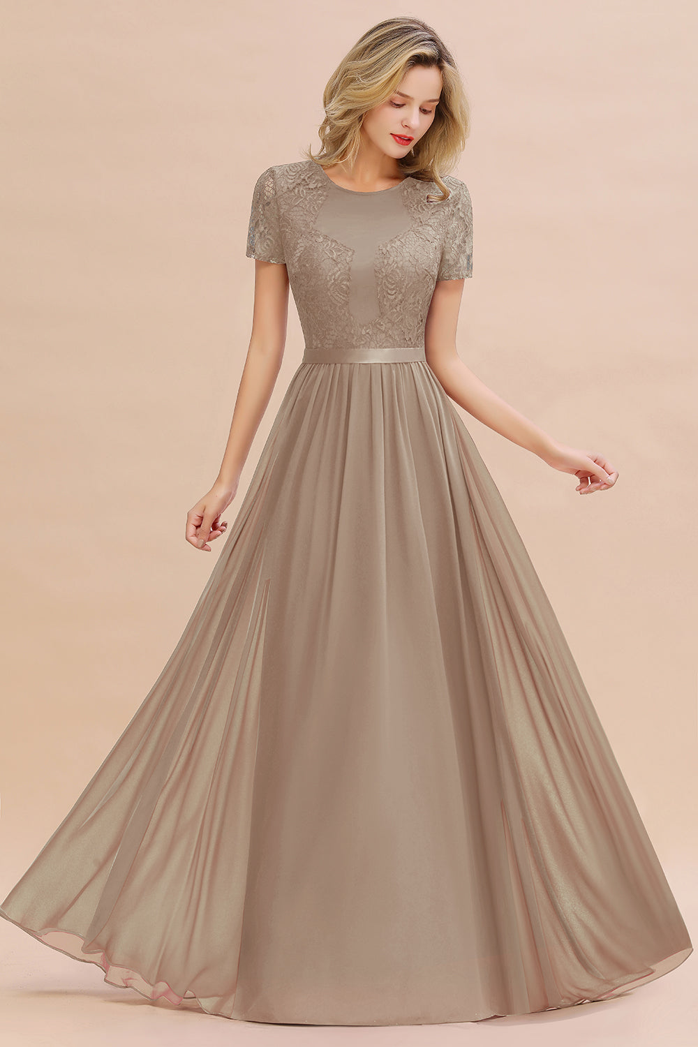 Elegant Chiffon Lace Jewel Short-Sleeves Affordable Bridesmaid Dress-Babyonlines