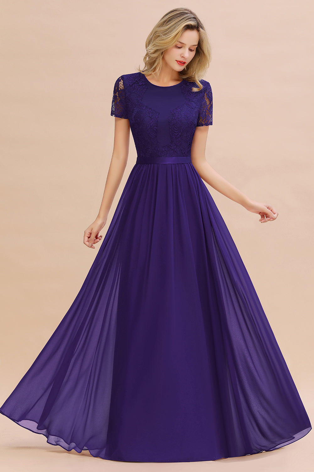 Elegant Chiffon Lace Jewel Short-Sleeves Affordable Bridesmaid Dress-Babyonlines