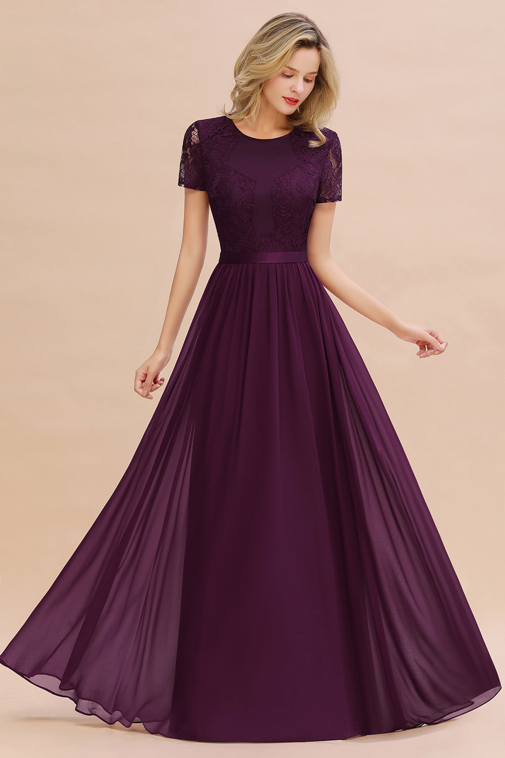 Elegant Chiffon Lace Jewel Short-Sleeves Affordable Bridesmaid Dress-Babyonlines