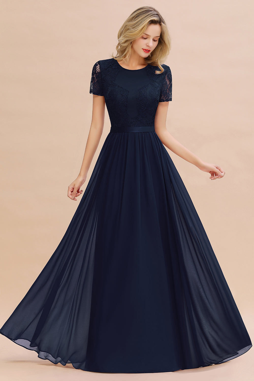 Elegant Chiffon Lace Jewel Short-Sleeves Affordable Bridesmaid Dress-Babyonlines