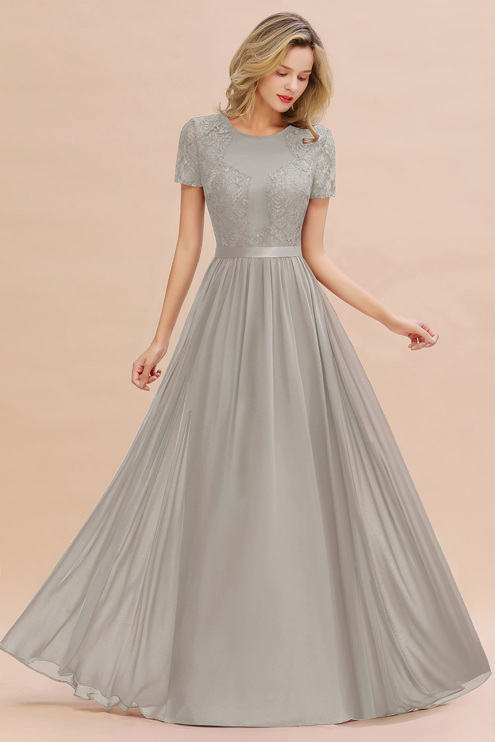 Elegant Chiffon Lace Jewel Short-Sleeves Affordable Bridesmaid Dress-Babyonlines