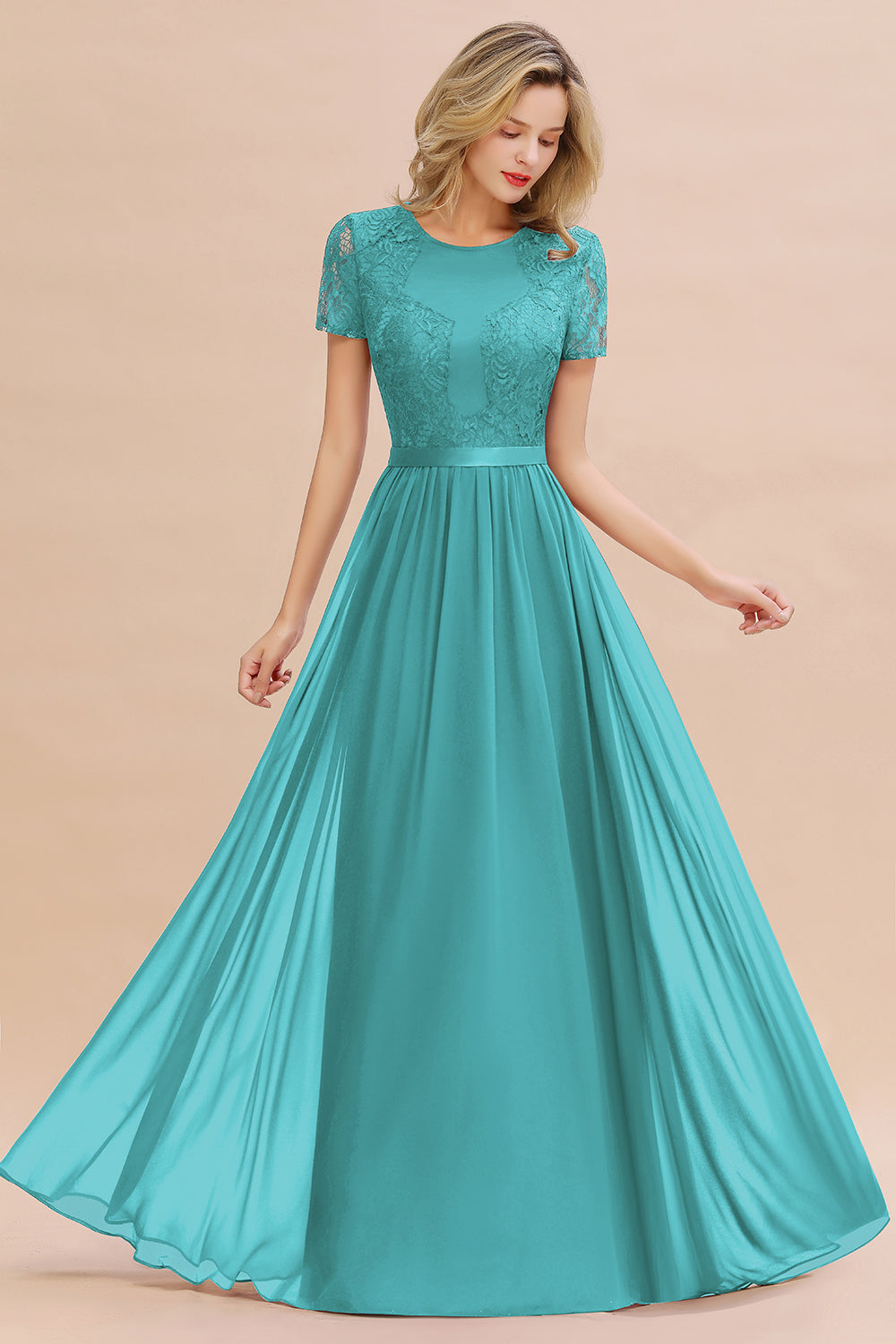 Elegant Chiffon Lace Jewel Short-Sleeves Affordable Bridesmaid Dress-Babyonlines