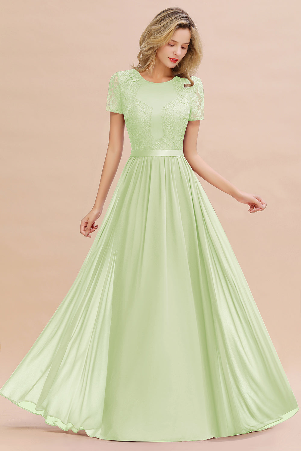 Elegant Chiffon Lace Jewel Short-Sleeves Affordable Bridesmaid Dress-Babyonlines