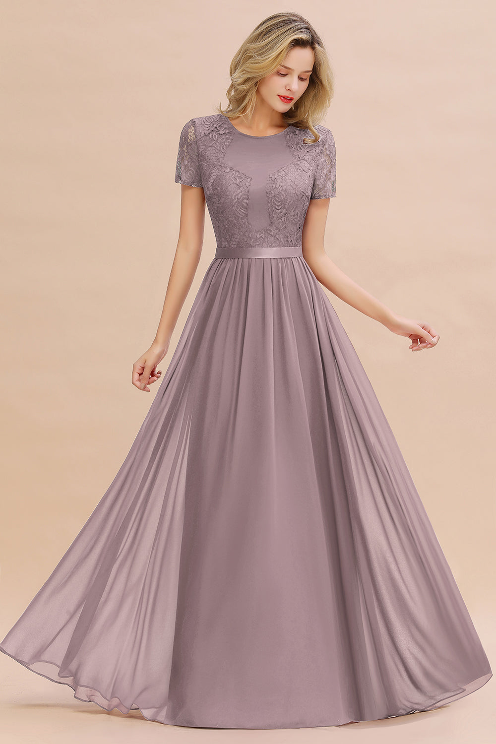 Elegant Chiffon Lace Jewel Short-Sleeves Affordable Bridesmaid Dress-Babyonlines