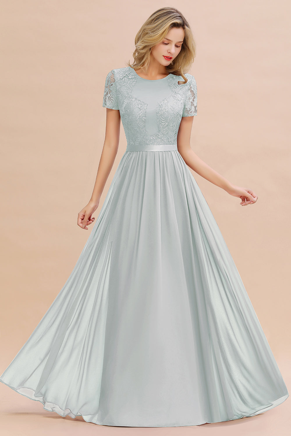 Elegant Chiffon Lace Jewel Short-Sleeves Affordable Bridesmaid Dress-Babyonlines