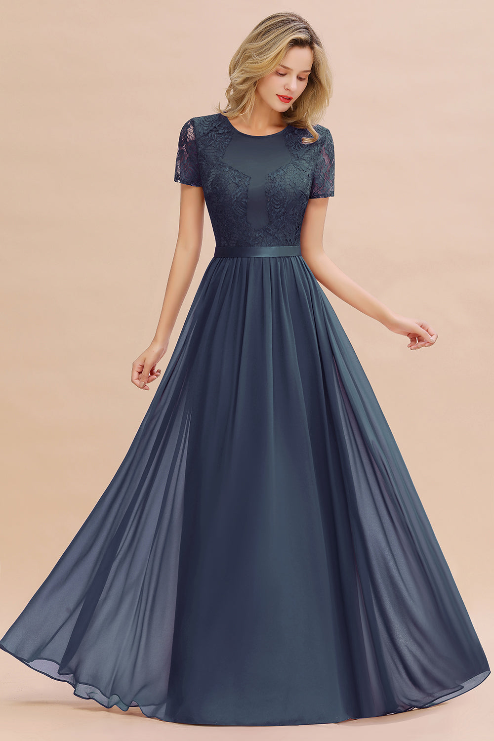 Elegant Chiffon Lace Jewel Short-Sleeves Affordable Bridesmaid Dress-Babyonlines