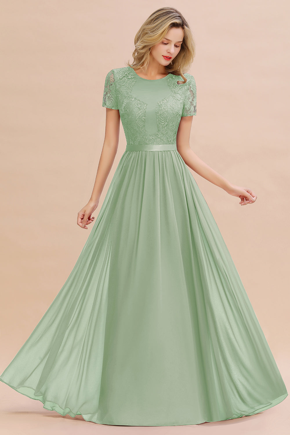 Elegant Chiffon Lace Jewel Short-Sleeves Affordable Bridesmaid Dress-Babyonlines