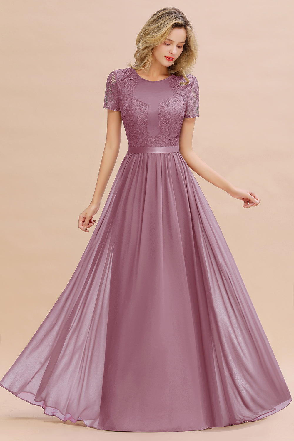 Elegant Chiffon Lace Jewel Short-Sleeves Affordable Bridesmaid Dress-Babyonlines