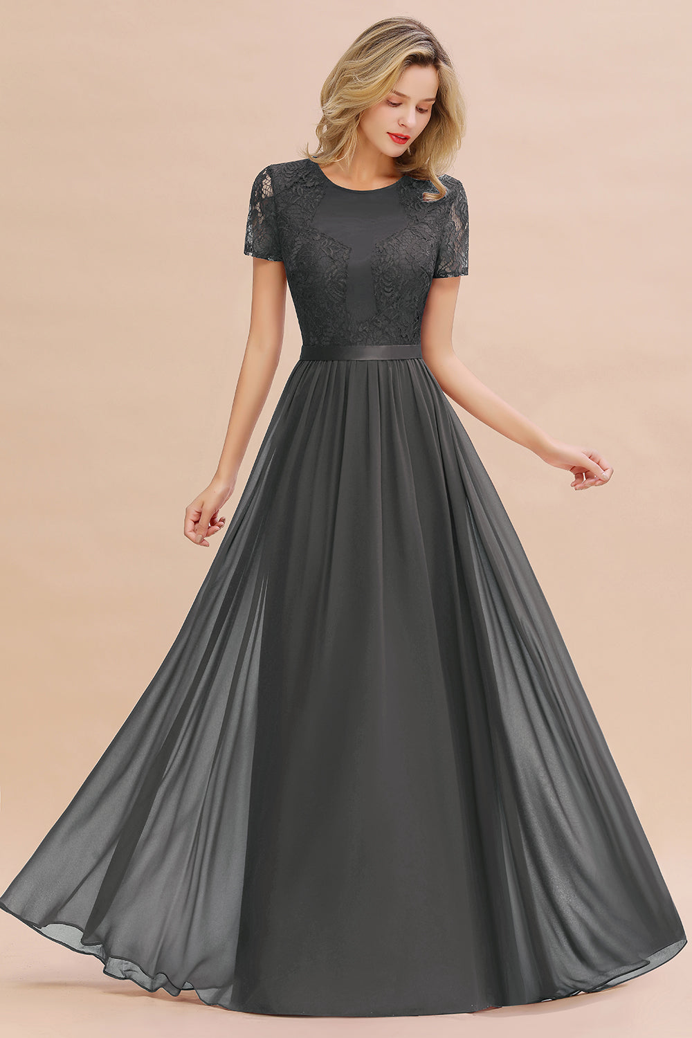 Elegant Chiffon Lace Jewel Short-Sleeves Affordable Bridesmaid Dress-Babyonlines