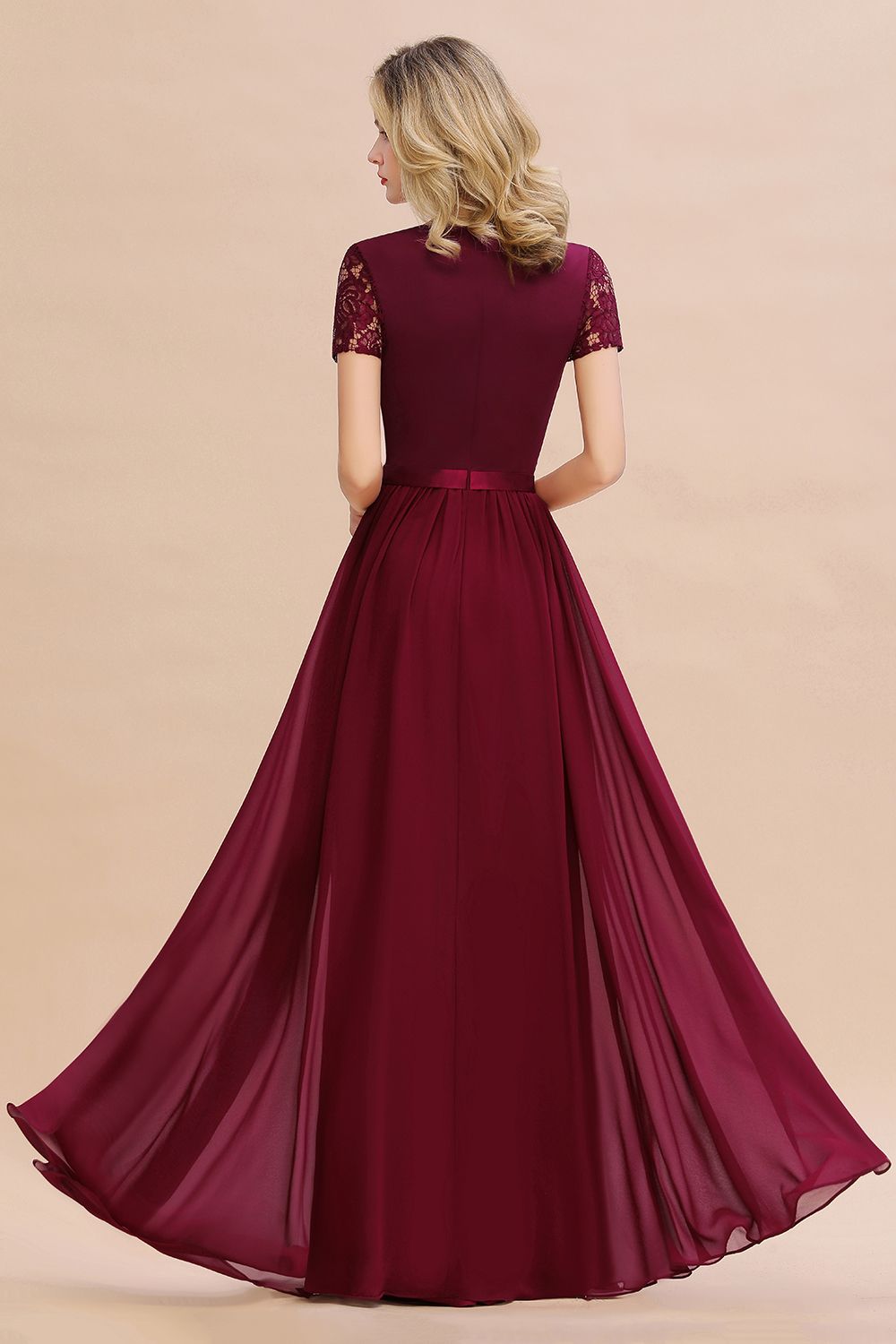 Elegant Chiffon Lace Jewel Short-Sleeves Affordable Bridesmaid Dress-Babyonlines