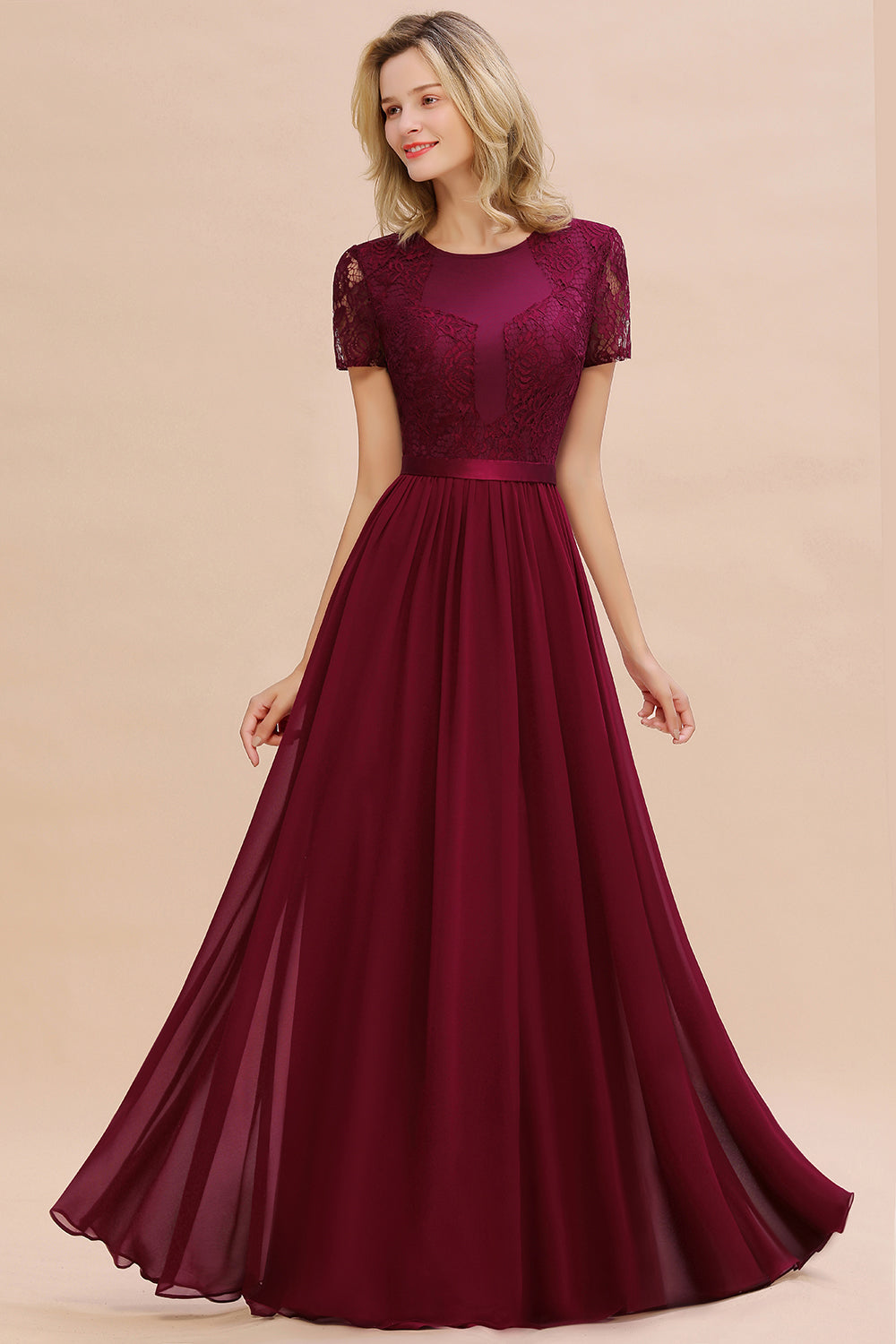 Elegant Chiffon Lace Jewel Short-Sleeves Affordable Bridesmaid Dress-Babyonlines