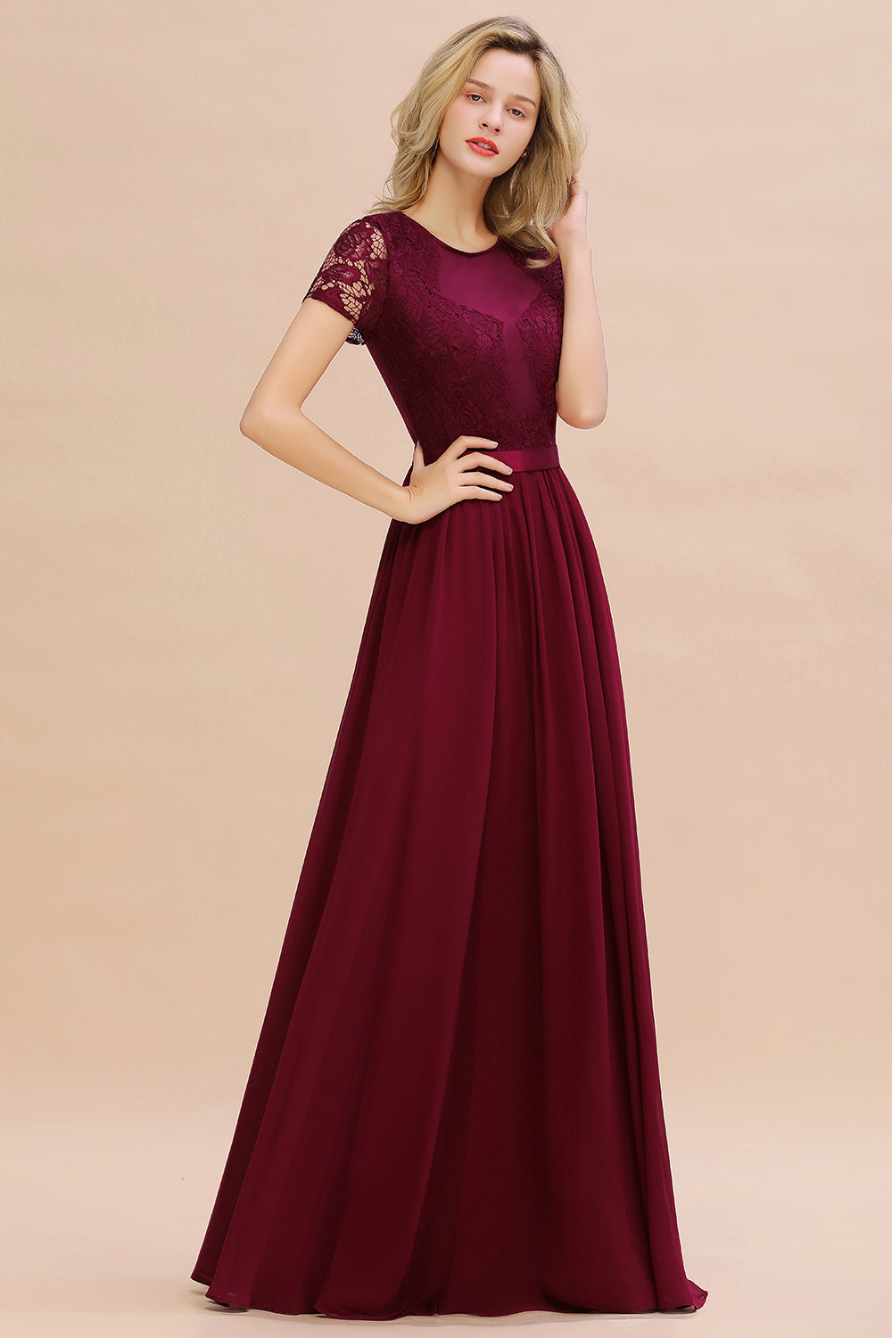 Elegant Chiffon Lace Jewel Short-Sleeves Affordable Bridesmaid Dress-Babyonlines