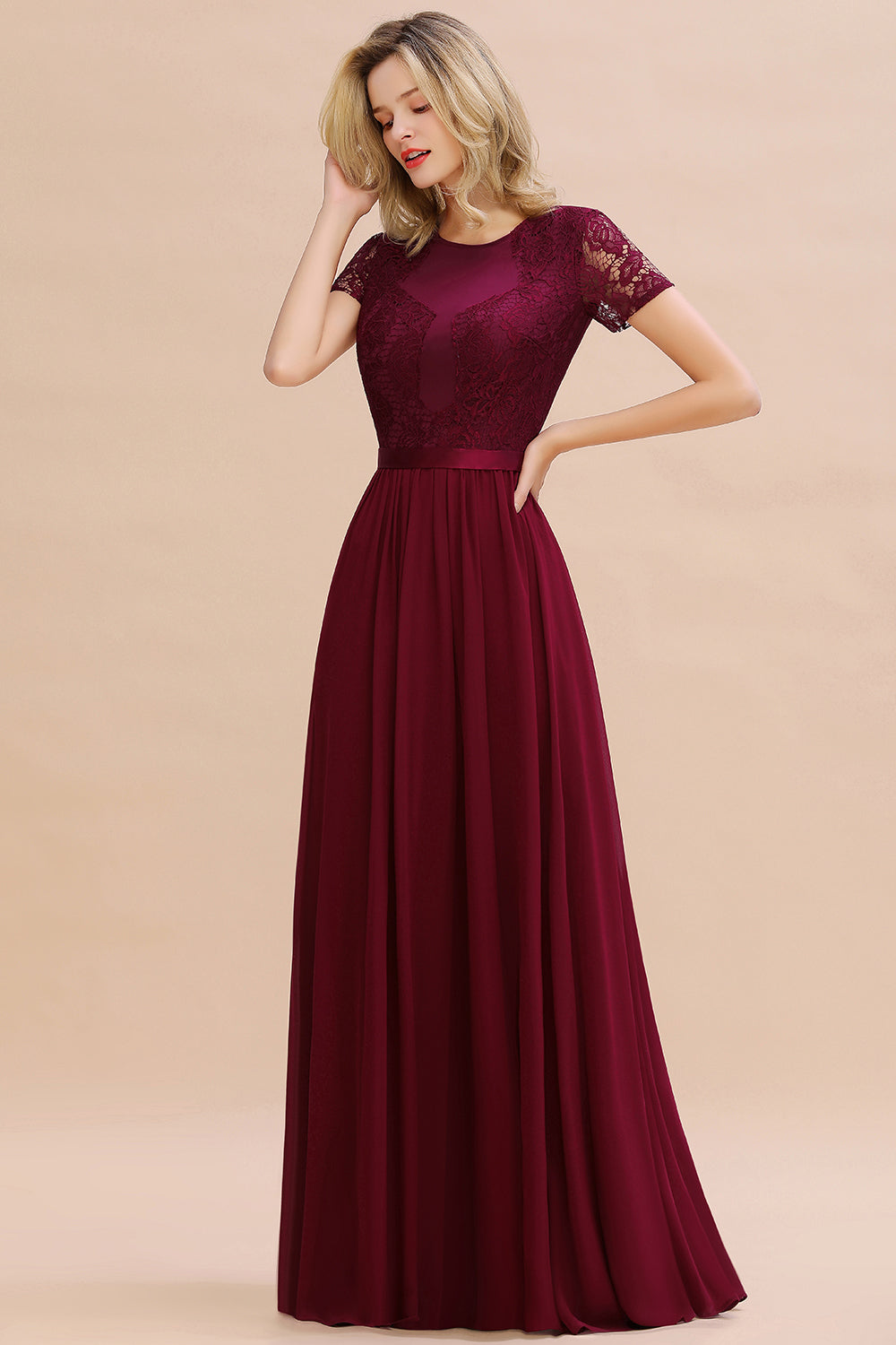 Elegant Chiffon Lace Jewel Short-Sleeves Affordable Bridesmaid Dress-Babyonlines