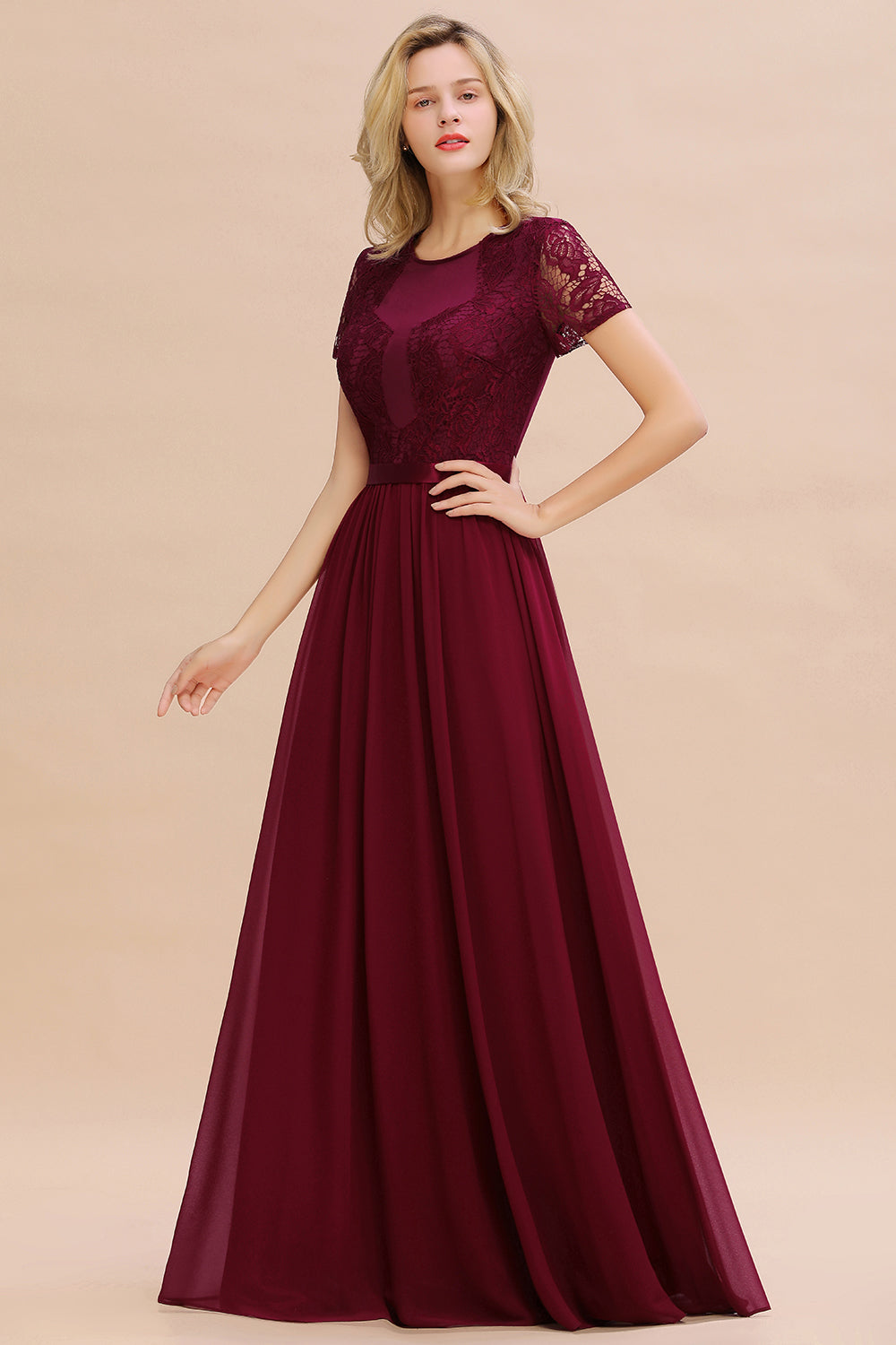 Elegant Chiffon Lace Jewel Short-Sleeves Affordable Bridesmaid Dress-Babyonlines