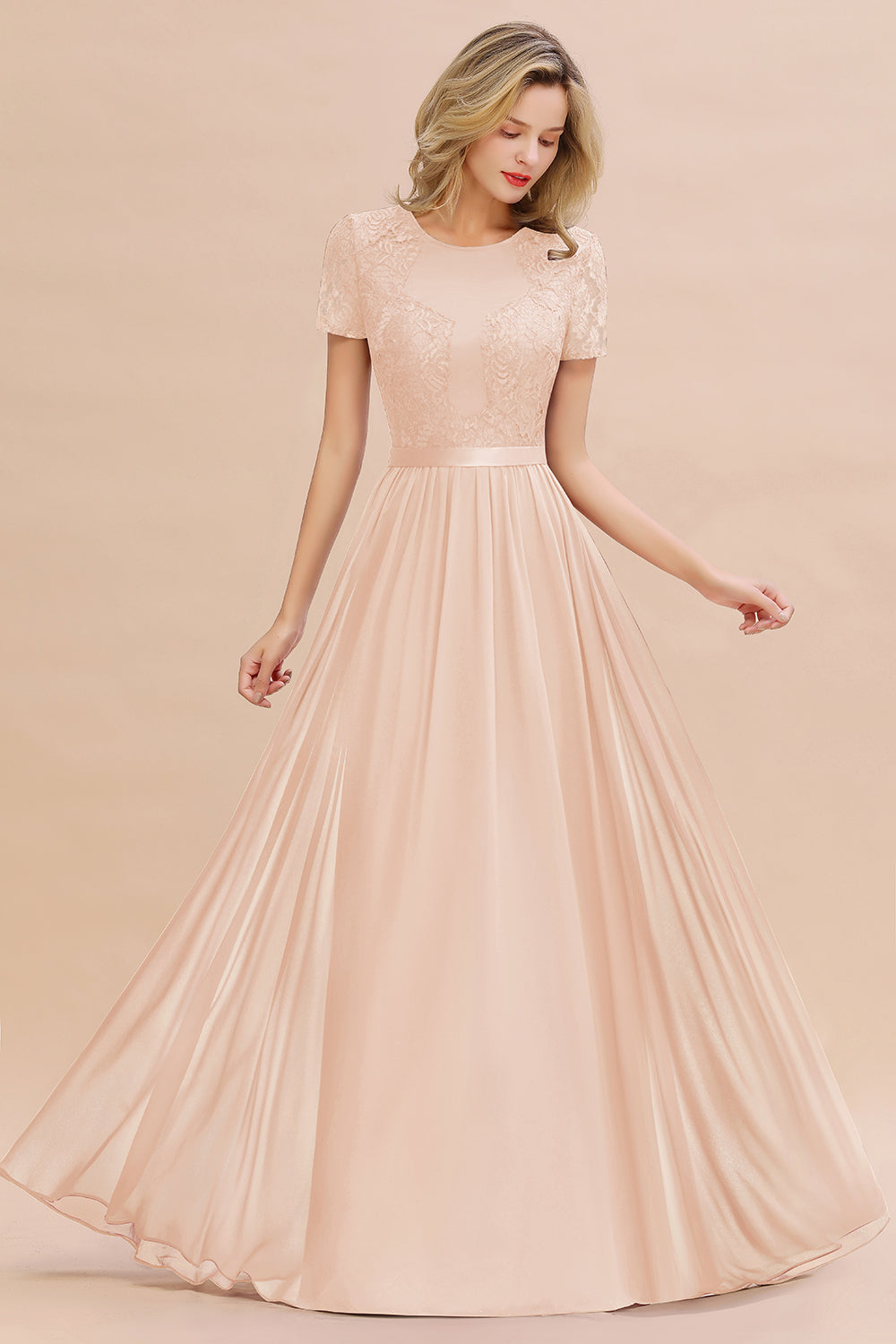 Elegant Chiffon Lace Jewel Short-Sleeves Affordable Bridesmaid Dress-Babyonlines