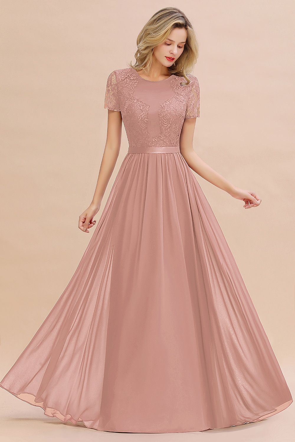 Elegant Chiffon Lace Jewel Short-Sleeves Affordable Bridesmaid Dress-Babyonlines