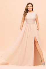 Elegant Jewel Chiffon Lace Affordable Bridesmaid Dresses with Slit-Babyonlines