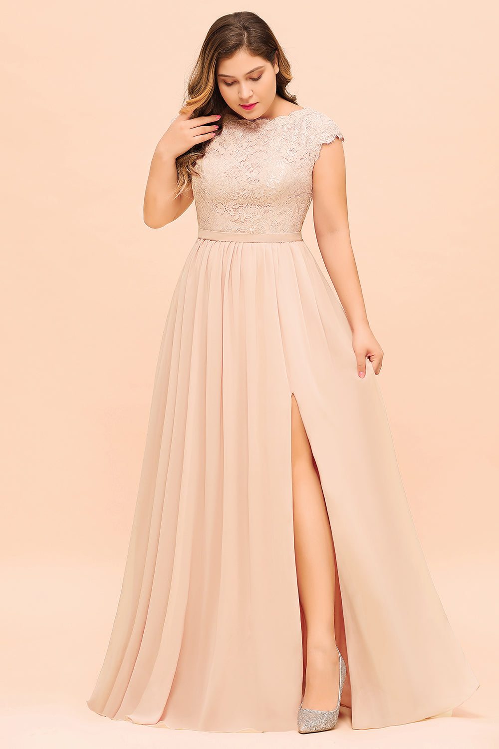 Elegant Jewel Chiffon Lace Affordable Bridesmaid Dresses with Slit-Babyonlines