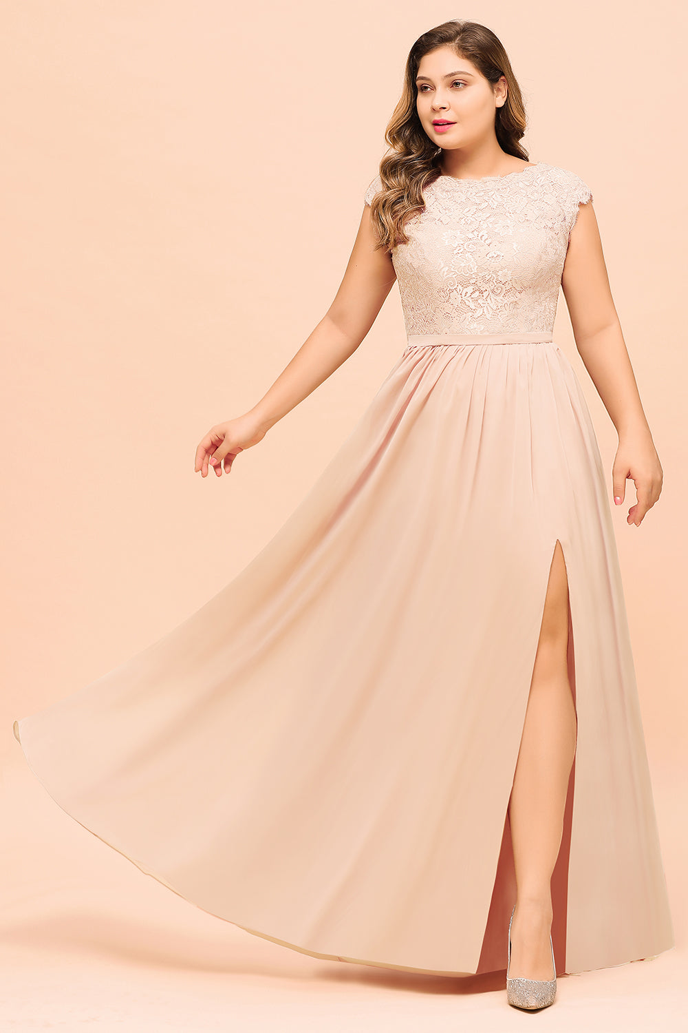 Elegant Jewel Chiffon Lace Affordable Bridesmaid Dresses with Slit-Babyonlines