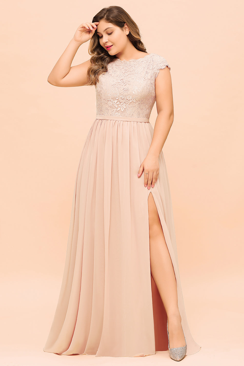 Elegant Jewel Chiffon Lace Affordable Bridesmaid Dresses with Slit-Babyonlines