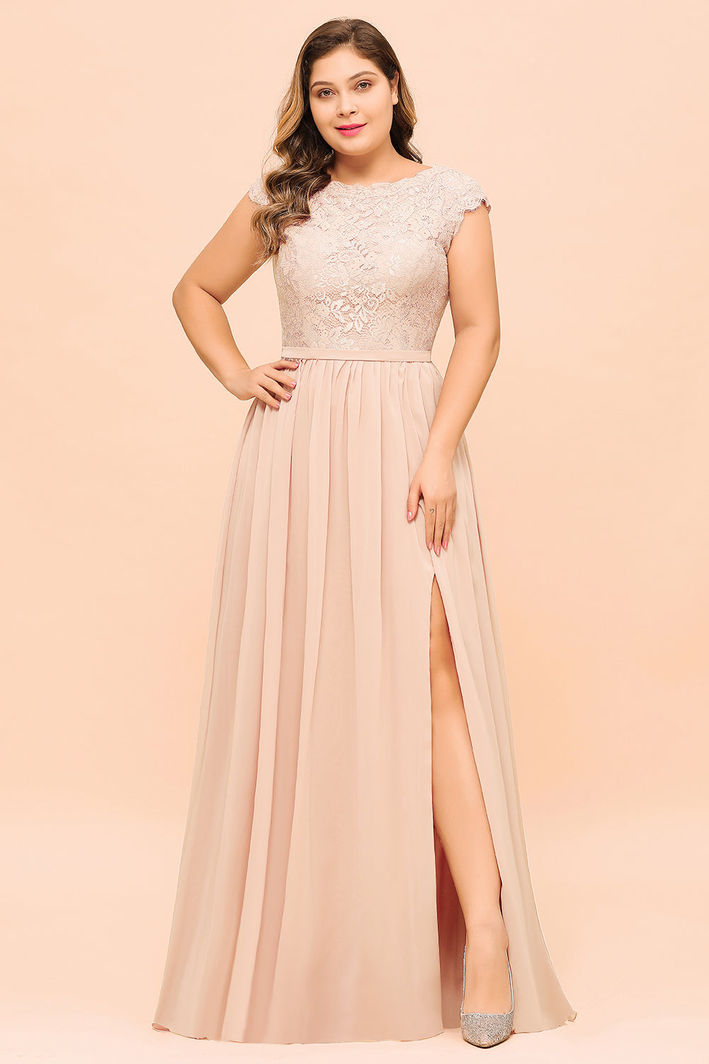 Elegant Jewel Chiffon Lace Affordable Bridesmaid Dresses with Slit-Babyonlines