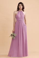 Elegant Jewel Wisteria Chiffon Ruffles Bridesmaid Dress with Pockets On sale-Babyonlines