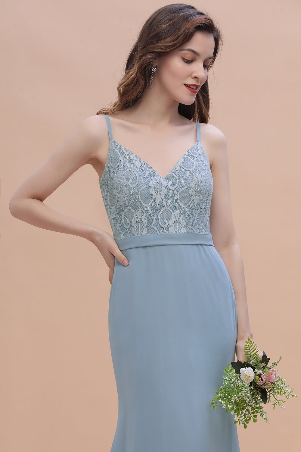 Elegant Mermaid Chiffon Lace Dusty Blue Bridesmaid Dress with Spaghetti Straps On Sale-Babyonlines