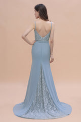 Elegant Mermaid Chiffon Lace Dusty Blue Bridesmaid Dress with Spaghetti Straps On Sale-Babyonlines