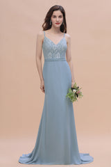 Elegant Mermaid Chiffon Lace Dusty Blue Bridesmaid Dress with Spaghetti Straps On Sale-Babyonlines