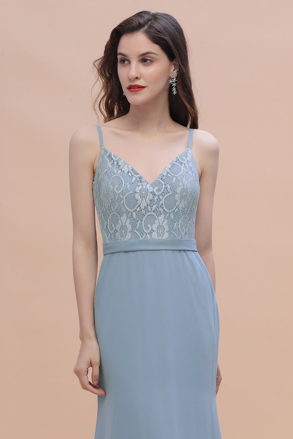 Elegant Mermaid Chiffon Lace Dusty Blue Bridesmaid Dress with Spaghetti Straps On Sale-Babyonlines