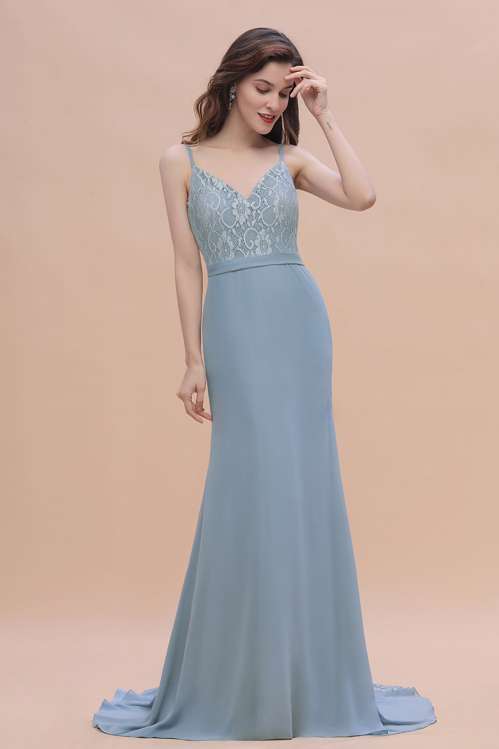 Elegant Mermaid Chiffon Lace Dusty Blue Bridesmaid Dress with Spaghetti Straps On Sale-Babyonlines