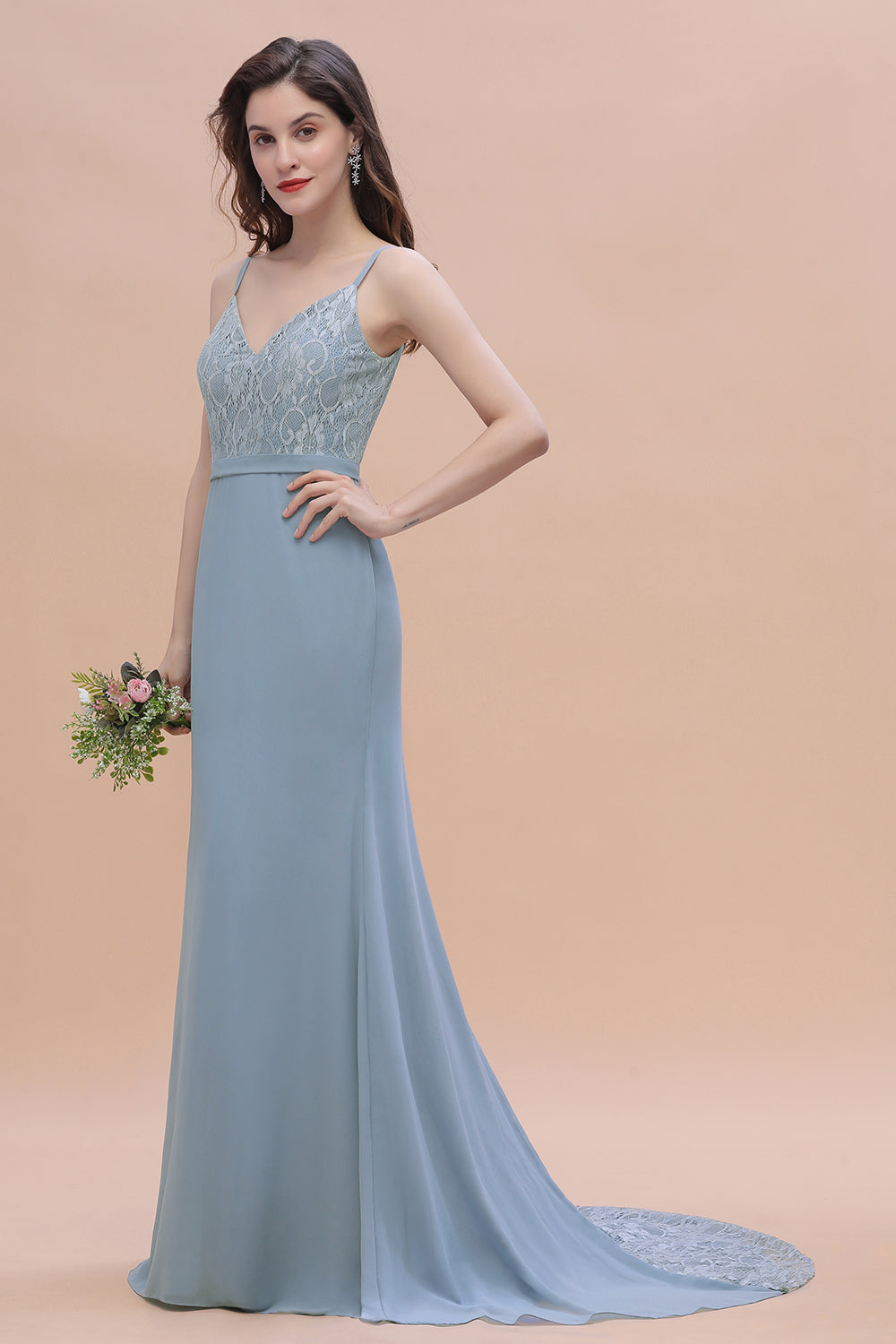 Elegant Mermaid Chiffon Lace Dusty Blue Bridesmaid Dress with Spaghetti Straps On Sale-Babyonlines