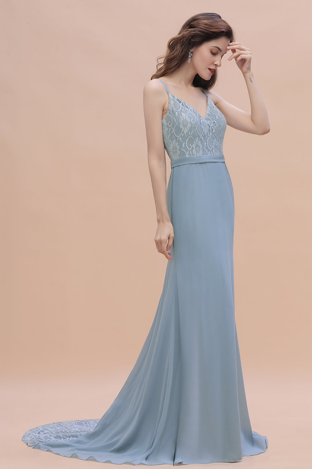 Elegant Mermaid Chiffon Lace Dusty Blue Bridesmaid Dress with Spaghetti Straps On Sale-Babyonlines