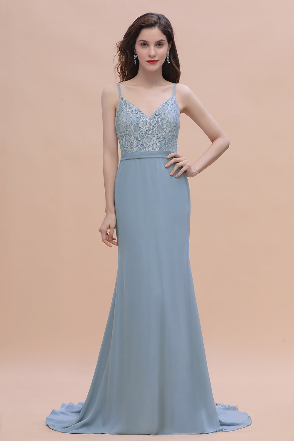 Elegant Mermaid Chiffon Lace Dusty Blue Bridesmaid Dress with Spaghetti Straps On Sale-Babyonlines