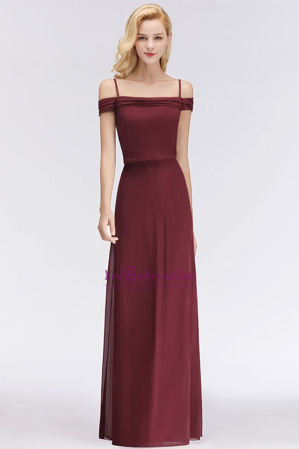 Elegant Off-the-Shoulder Burgundy Bridesmaid Dress Online Spaghetti-Straps Affordable Maid of Honor Dress-Babyonlines