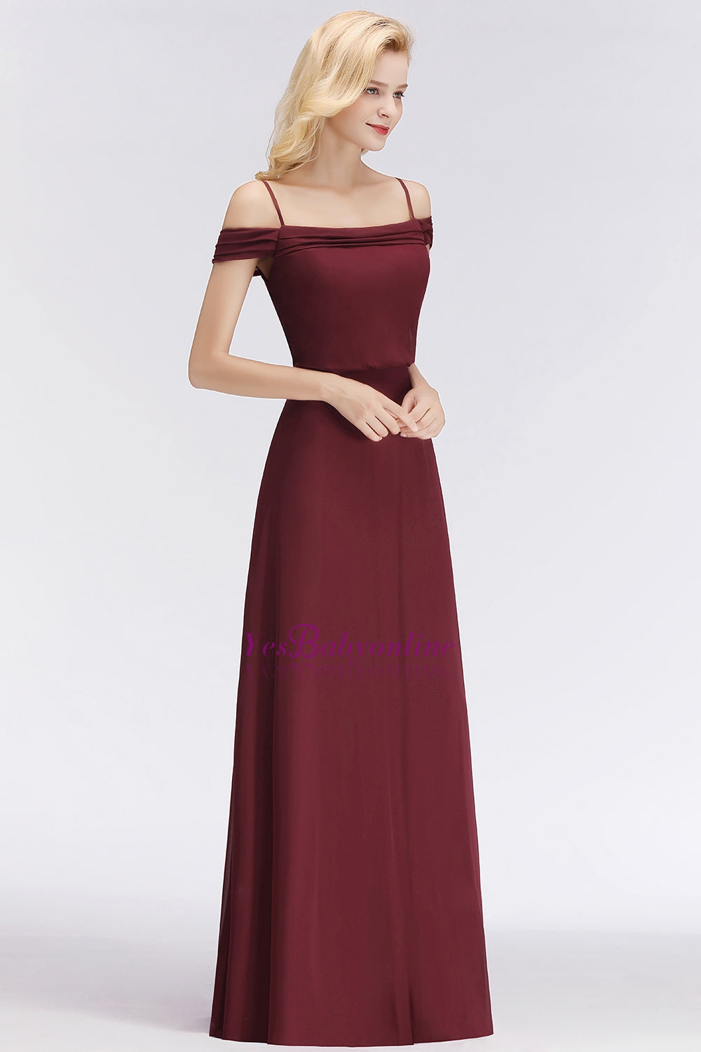 Elegant Off-the-Shoulder Burgundy Bridesmaid Dress Online Spaghetti-Straps Affordable Maid of Honor Dress-Babyonlines