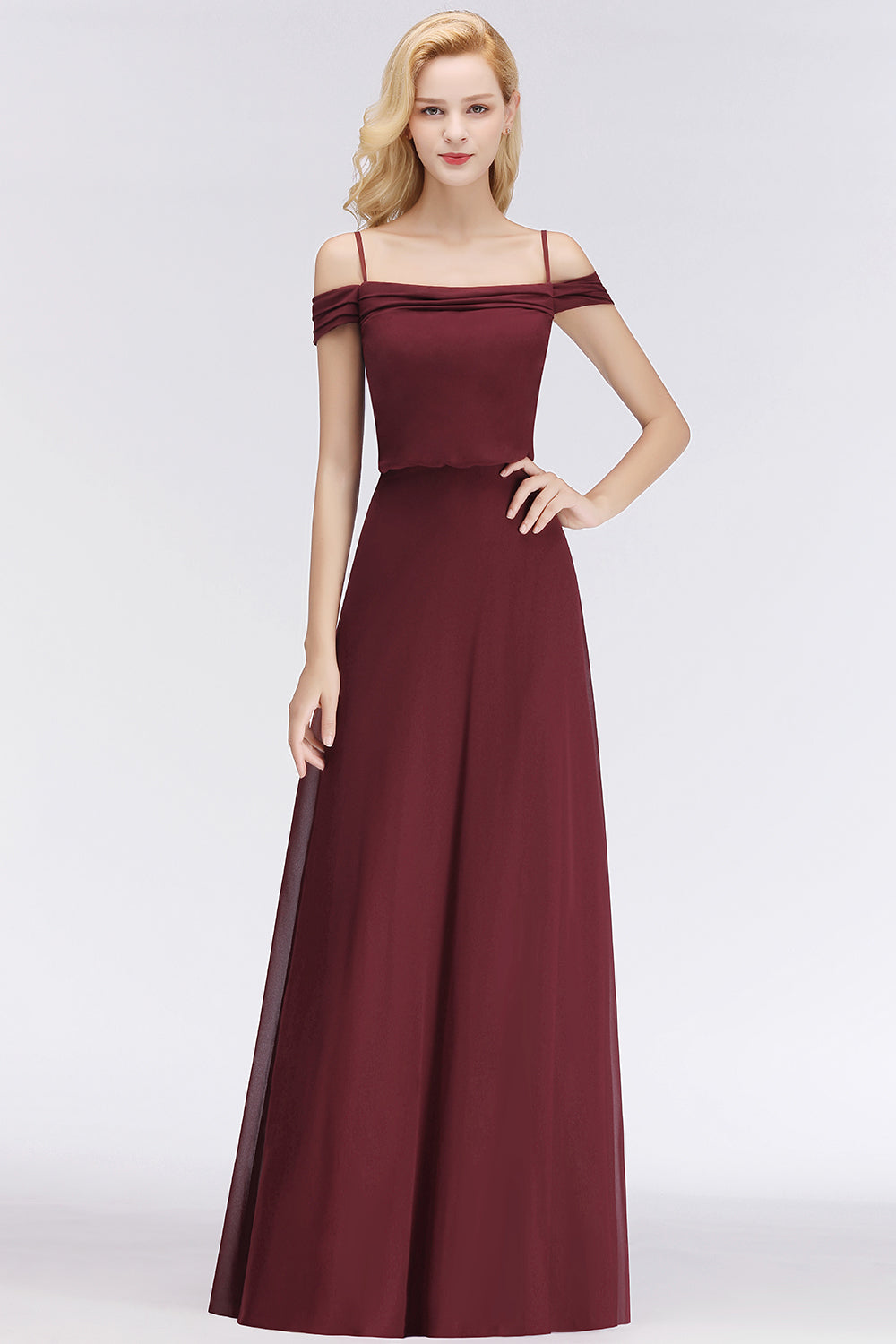 Elegant Off-the-Shoulder Burgundy Bridesmaid Dress Online Spaghetti-Straps Affordable Maid of Honor Dress-Babyonlines