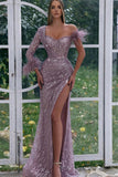 Elegant One Shoulder Mermaid Evening Dress with Sequins, Split, and Feathers