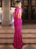 Elegant Sheath/Column Prom Dress with Scoop Neck and Lace Sweep Train